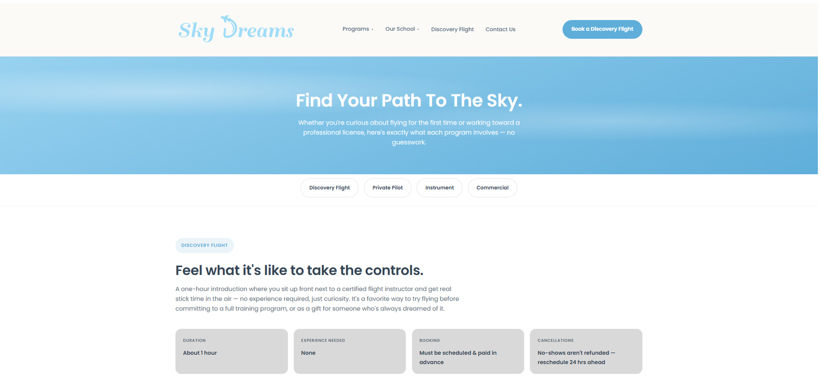 Sky Dreams programs page — after redesign